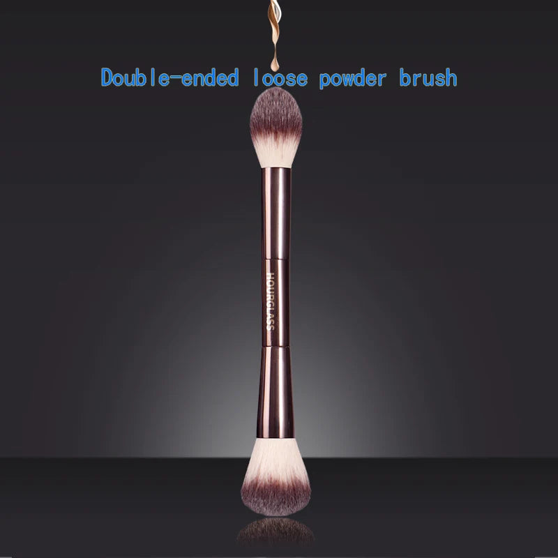 Pinceau de maquillage, pinceau à poudre, pinceau à blush, pinceau à poudre libre, manche métallique professionnel exquis, design à double tête, avec boîte