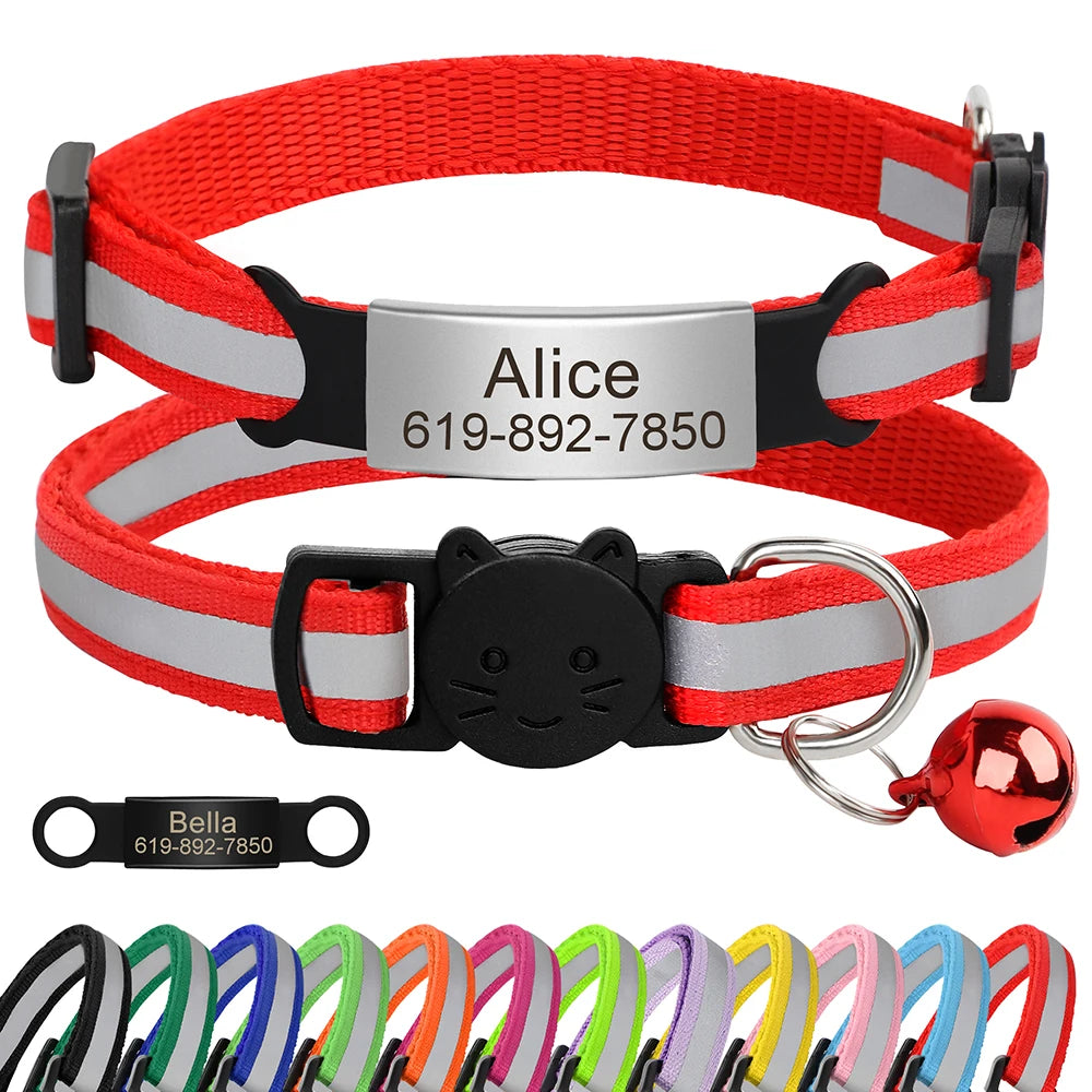 Personalized Reflective Cat Collar with Engraved ID Tag & Bell