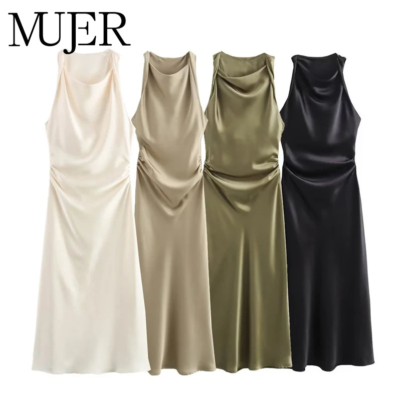 Robe Longue Femme Satin Froncée – Sans Manches, Été, Décolleté Épaule Dénudée