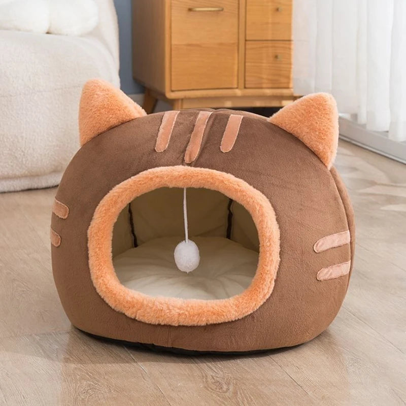 Plush Cat Cave Bed – Warm Foldable Pet House with Non-Slip Base