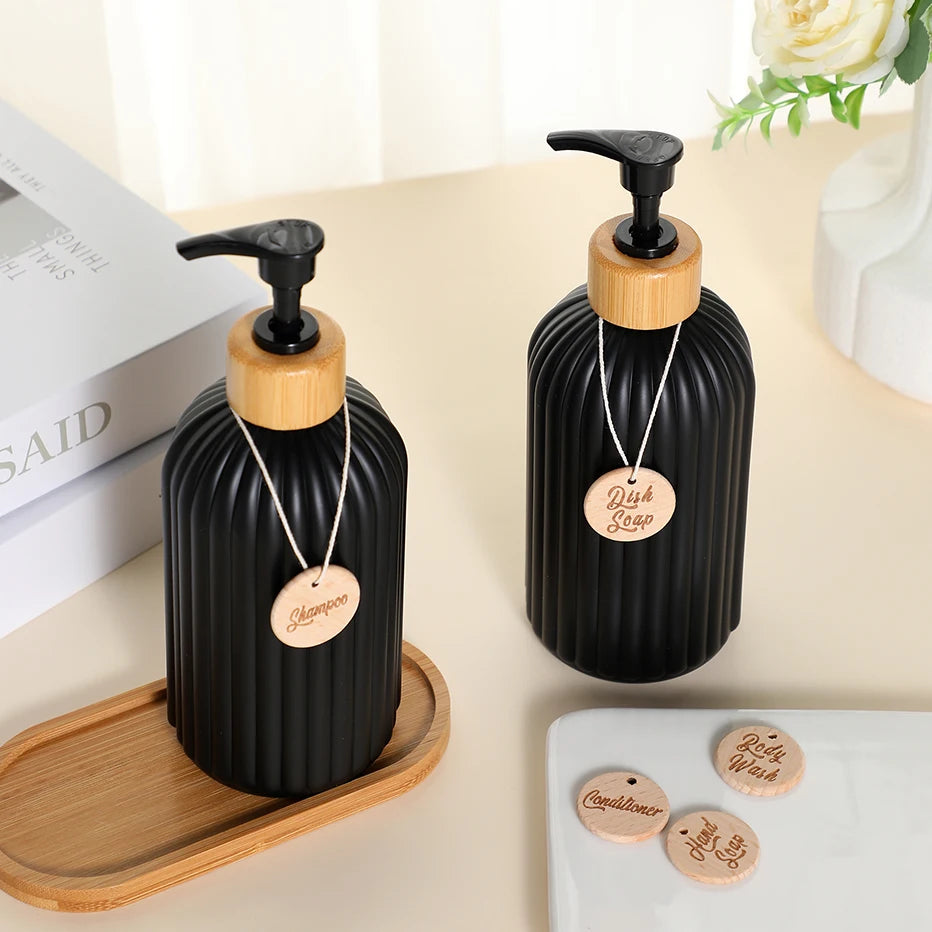 Striped Soap Dispenser with Bamboo Pump – Refillable Kitchen & Bathroom Bottle