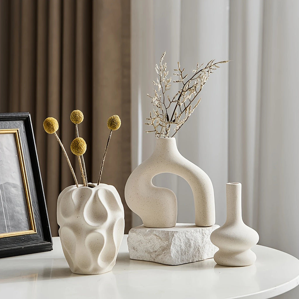 3-Piece Boho Ceramic Vase Set – Modern Donut & Geometric Decorative Vases