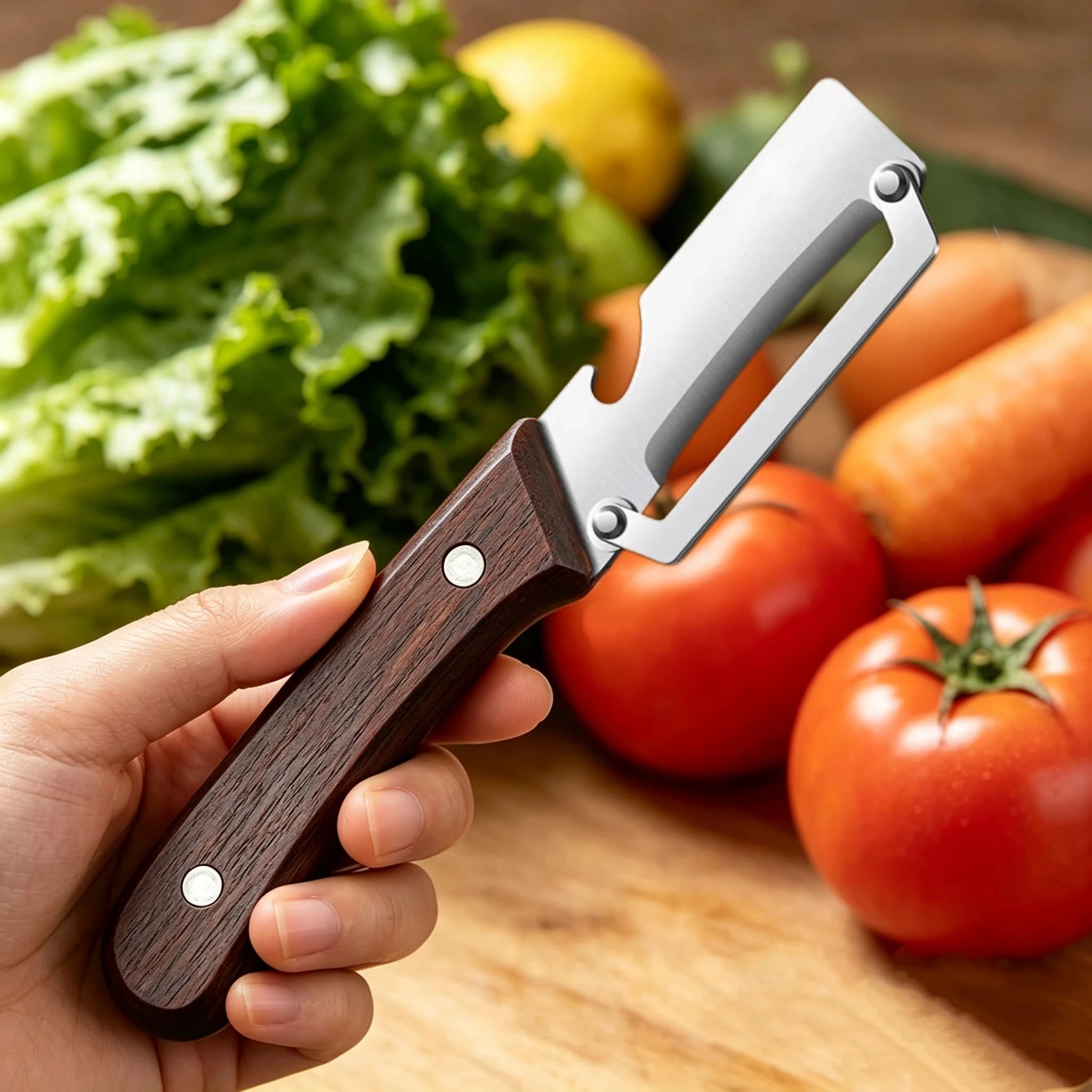 Multifunction Stainless Steel Peeler with Wooden Handle – Durable Fruit & Vegetable Peeling and Slicing Tool