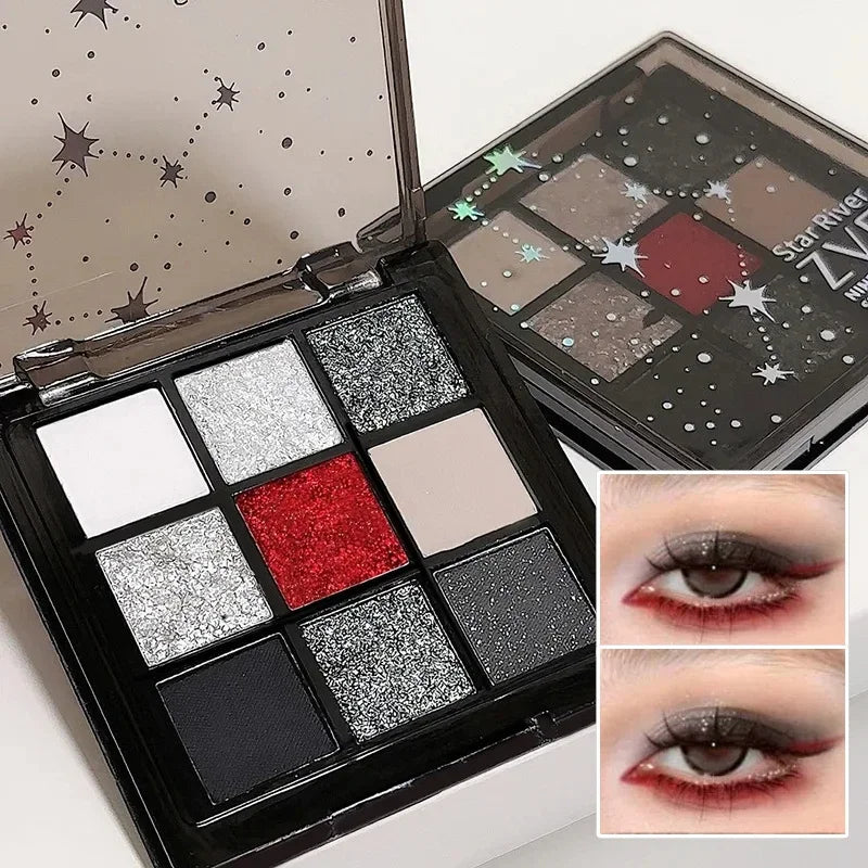 Palette de 9 fards à paupières fumés noir et rouge, effet frais et lumineux, maquillage longue tenue, fards à paupières pailletés foncés pressés.