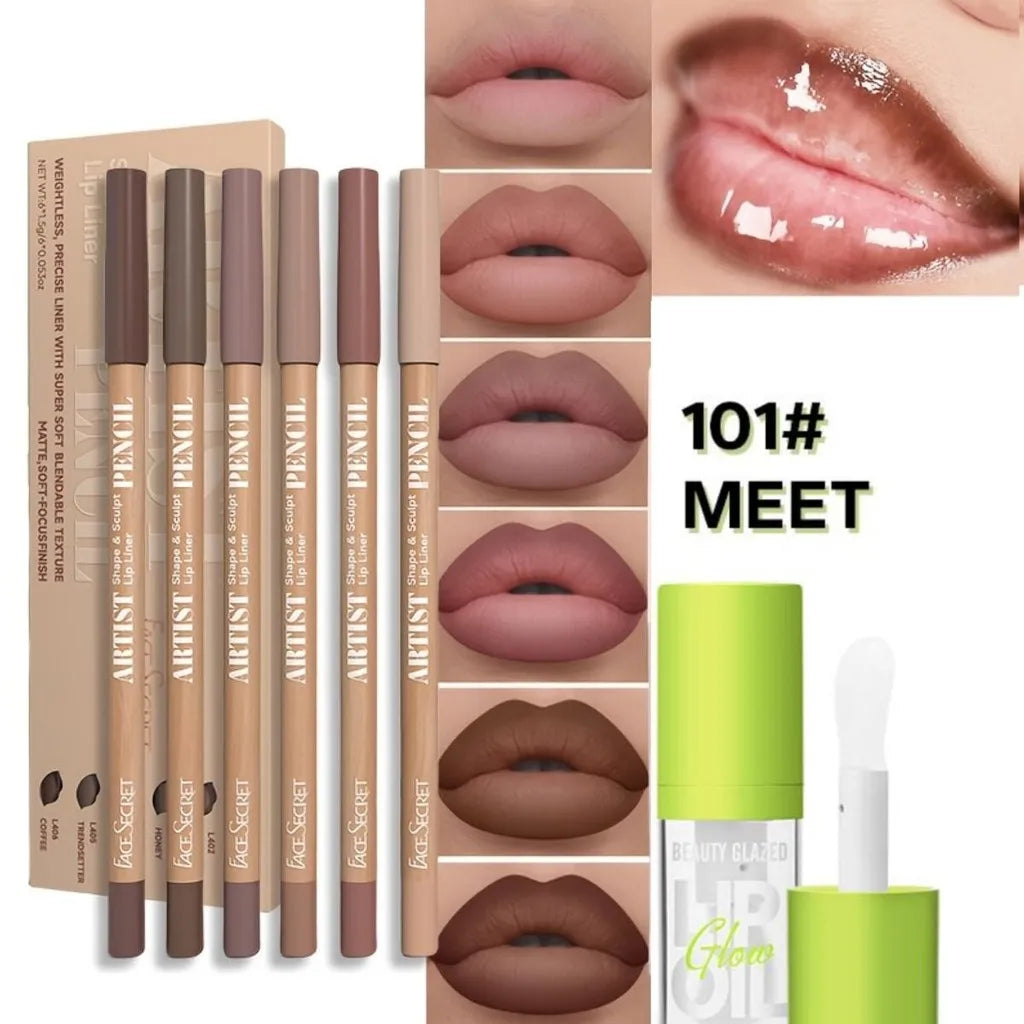 Set 6 Pièces – Crayons à Lèvres Mat Waterproof + Huile/Lip Essence, Effet Repulpant, Teinte et Soin des Lèvres, Gloss