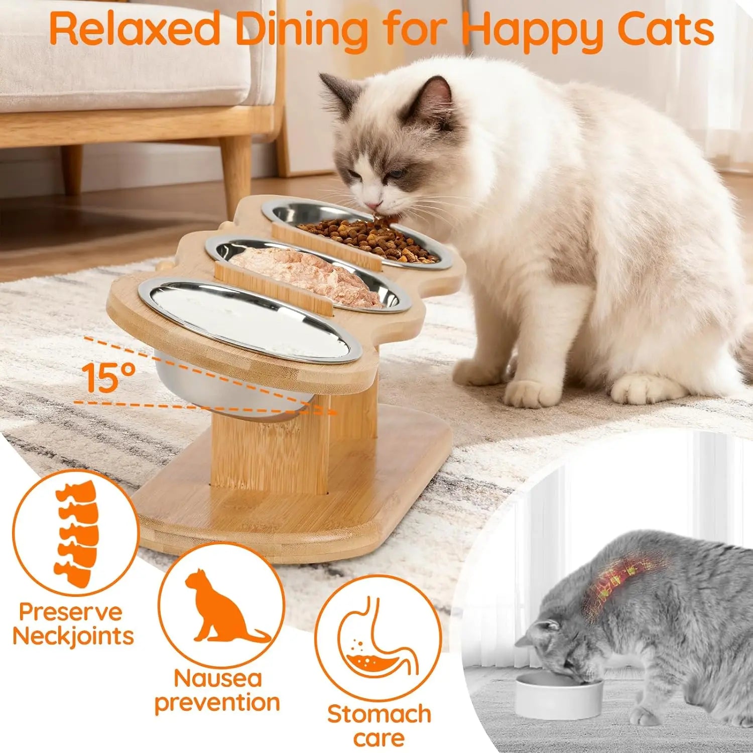 Elevated Wooden Pet Feeder with 3 Stainless Steel Bowls – Food & Water Station