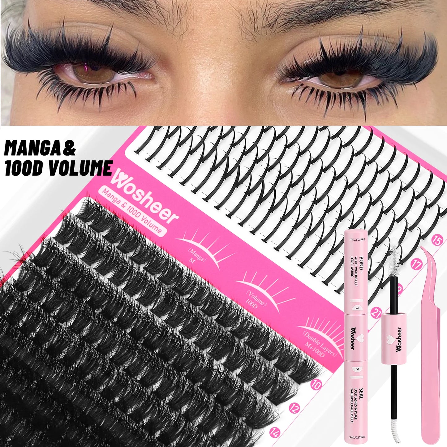 Kit de grappes de cils – Grappes de cils en pointe, volume, cils individuels, DIY – Extensions de cils style manga, effet piquant