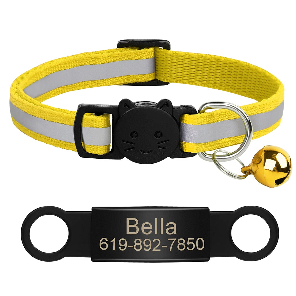 Personalized Reflective Cat Collar with Engraved ID Tag & Bell