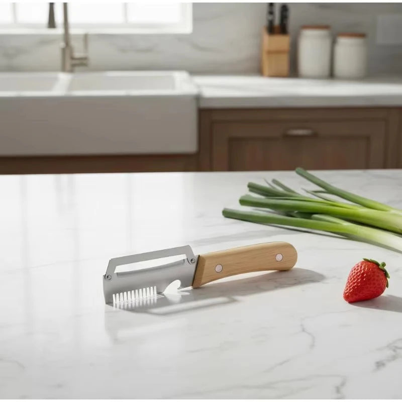 Multifunction Stainless Steel Peeler with Wooden Handle – Durable Fruit & Vegetable Peeling and Slicing Tool