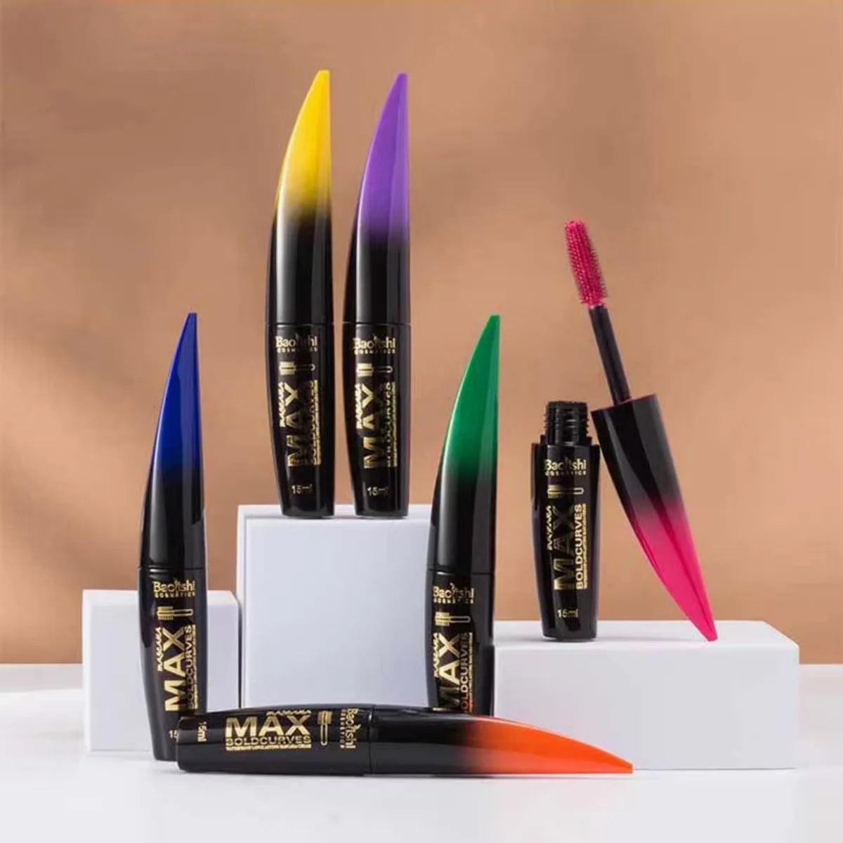 Mascara 6 couleurs grosse brosse épais et recourbant facile à appliquer waterproof longue tenue portable