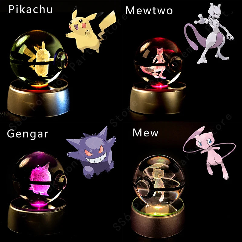 3D Pokémon Crystal Ball Night Light – Pikachu, Gengar & Mewtwo LED Glass Lamp
