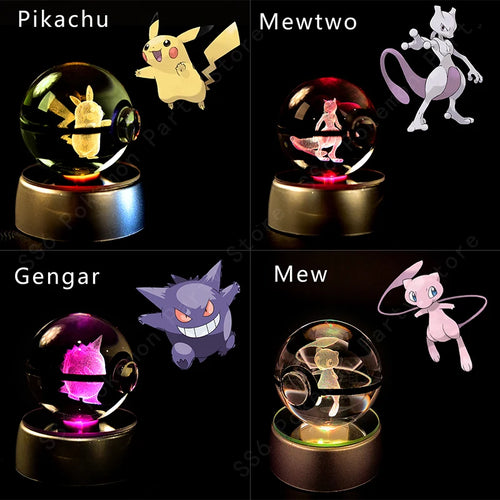 3D Pokémon Crystal Ball Night Light – Pikachu, Gengar & Mewtwo LED Glass Lamp