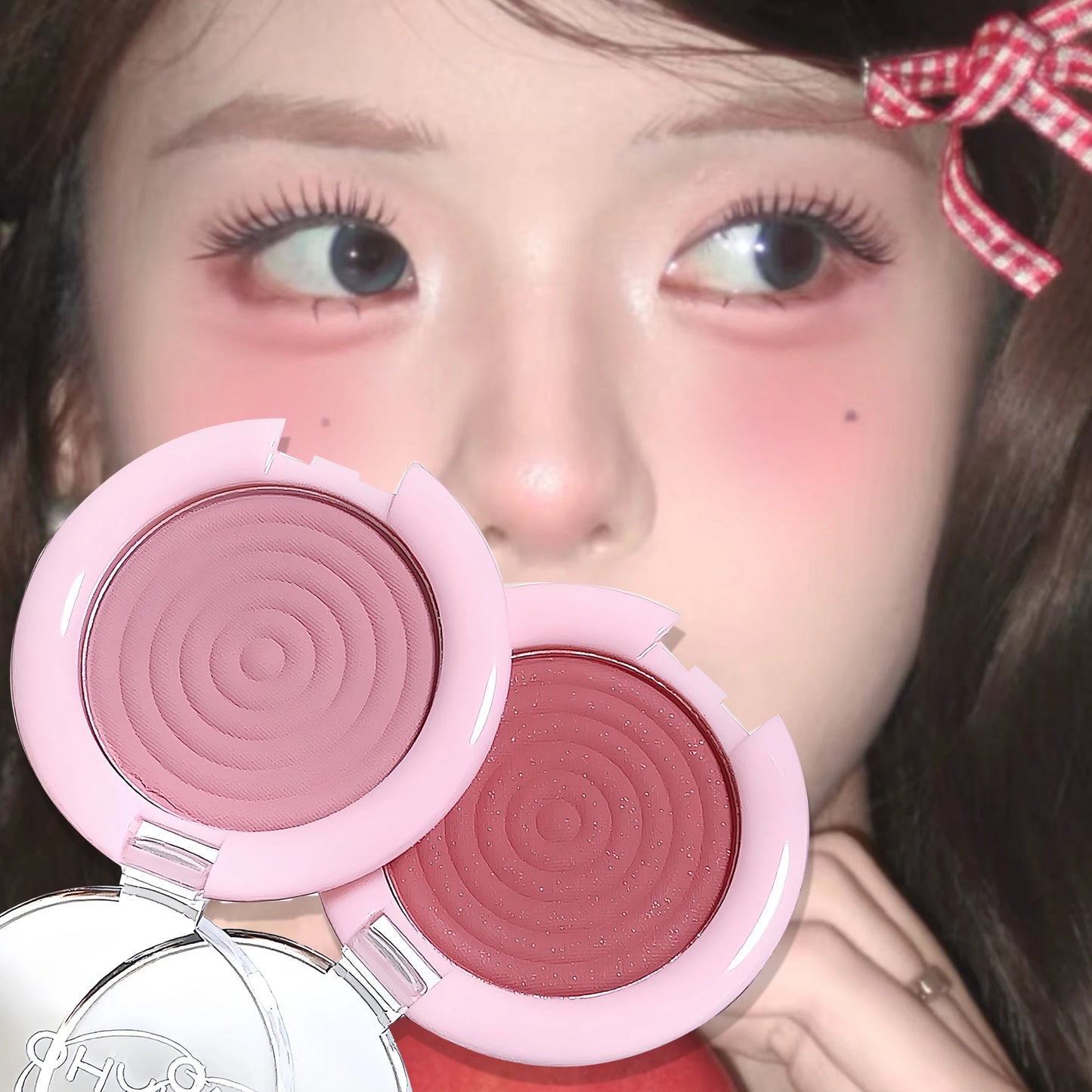 Palette de blush matte en forme de cercles – Texture douce et soyeuse, teinte rose-gris pour joues – Illumine le visage, poudre naturelle avec effet highlight