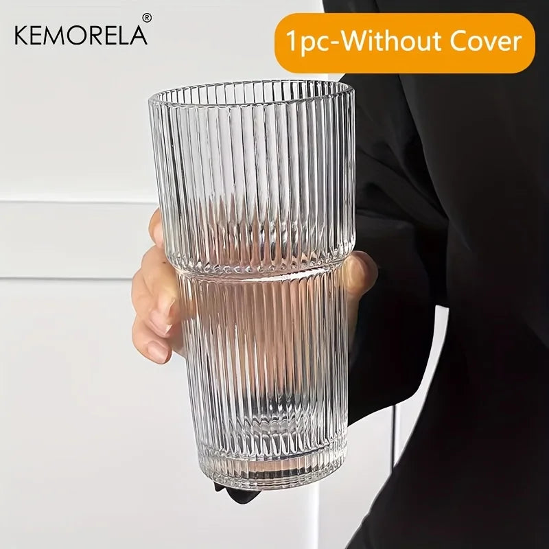 600ml Ribbed Glass Coffee Cup with Lid & Straw – Transparent Tumbler for Iced Coffee, Juice & Cold Drinks