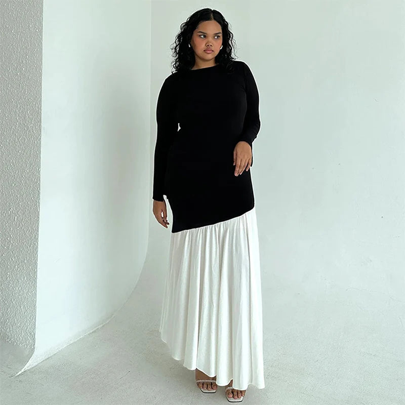 Robe Femme Patchwork Noir et Blanc à Queue de Poisson – Col Rond, Taille Haute, Style Ins, Maxi et Midi Élégante à Contraste