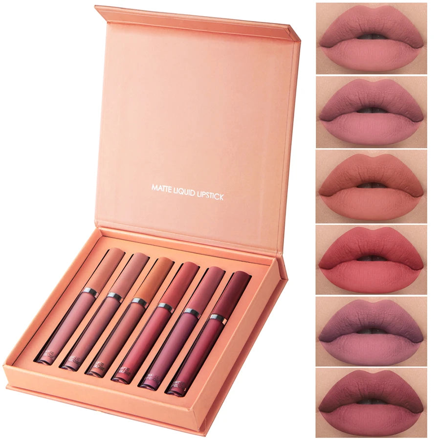 Coffret 6 rouges à lèvres mats – Texture lisse et tenue longue durée | Gloss waterproof et hydratant | Idéal pour les fêtes | Boîte cadeau élégante pour maquillage des lèvres