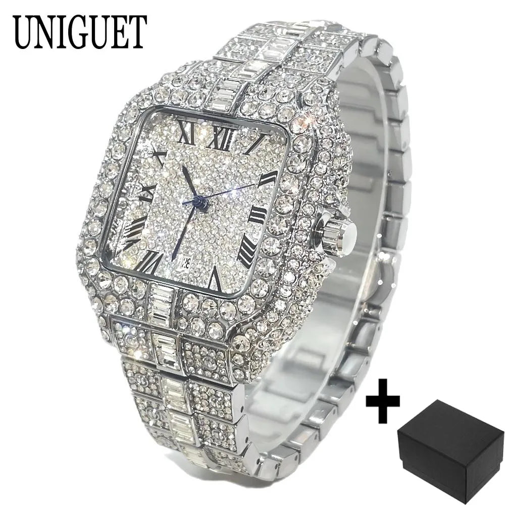 Mode chaude glacé montres hommes marque de luxe MISSFOX carré montres à Quartz Unique Hip Hop plein diamant montre-bracelet homme cadeaux