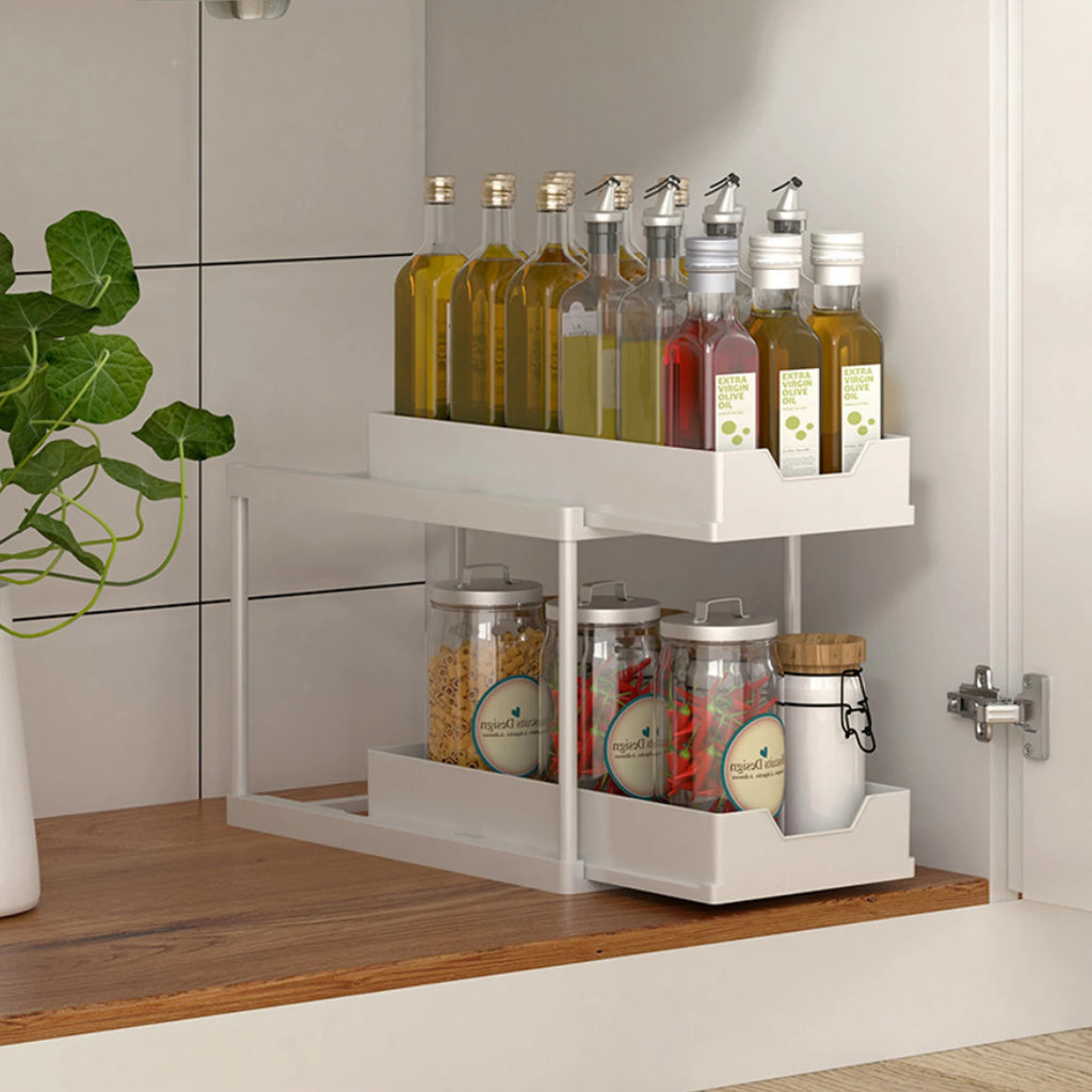 Double-Layer Pull-Out Kitchen Storage Rack – Under Sink Organizer with Hooks