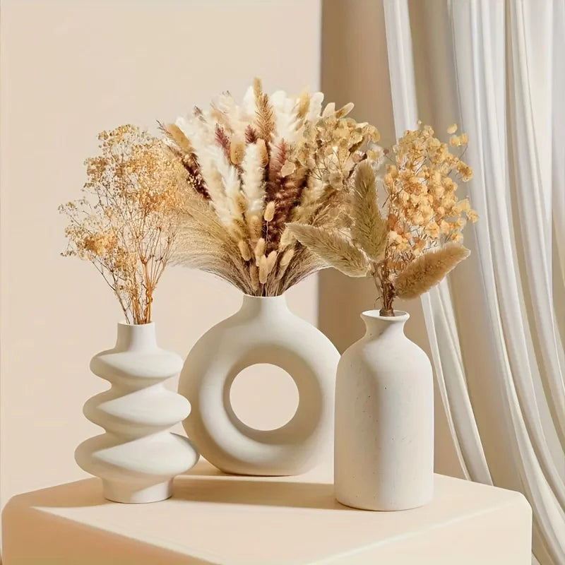 3-Piece White Boho Ceramic Vase Set – Decorative Vases for Home & Wedding Decor