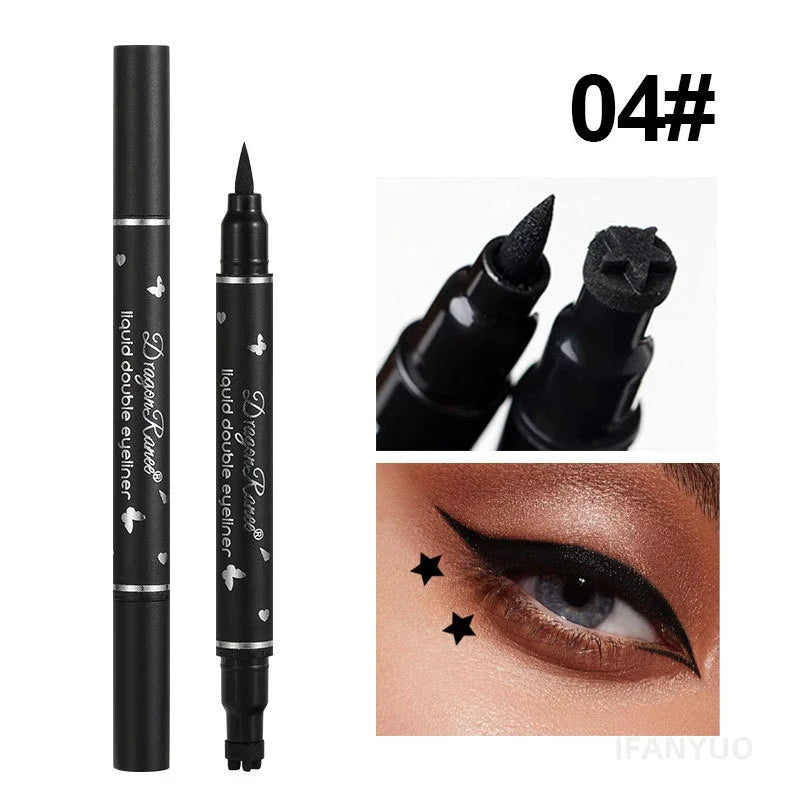 Stylo Eyeliner Noir avec Tampon – Double Embout, Étoile, Longue Tenue, Étanche, Crayon Yeux, Tampon Ailé, Maquillage des Yeux, Cosmétiques