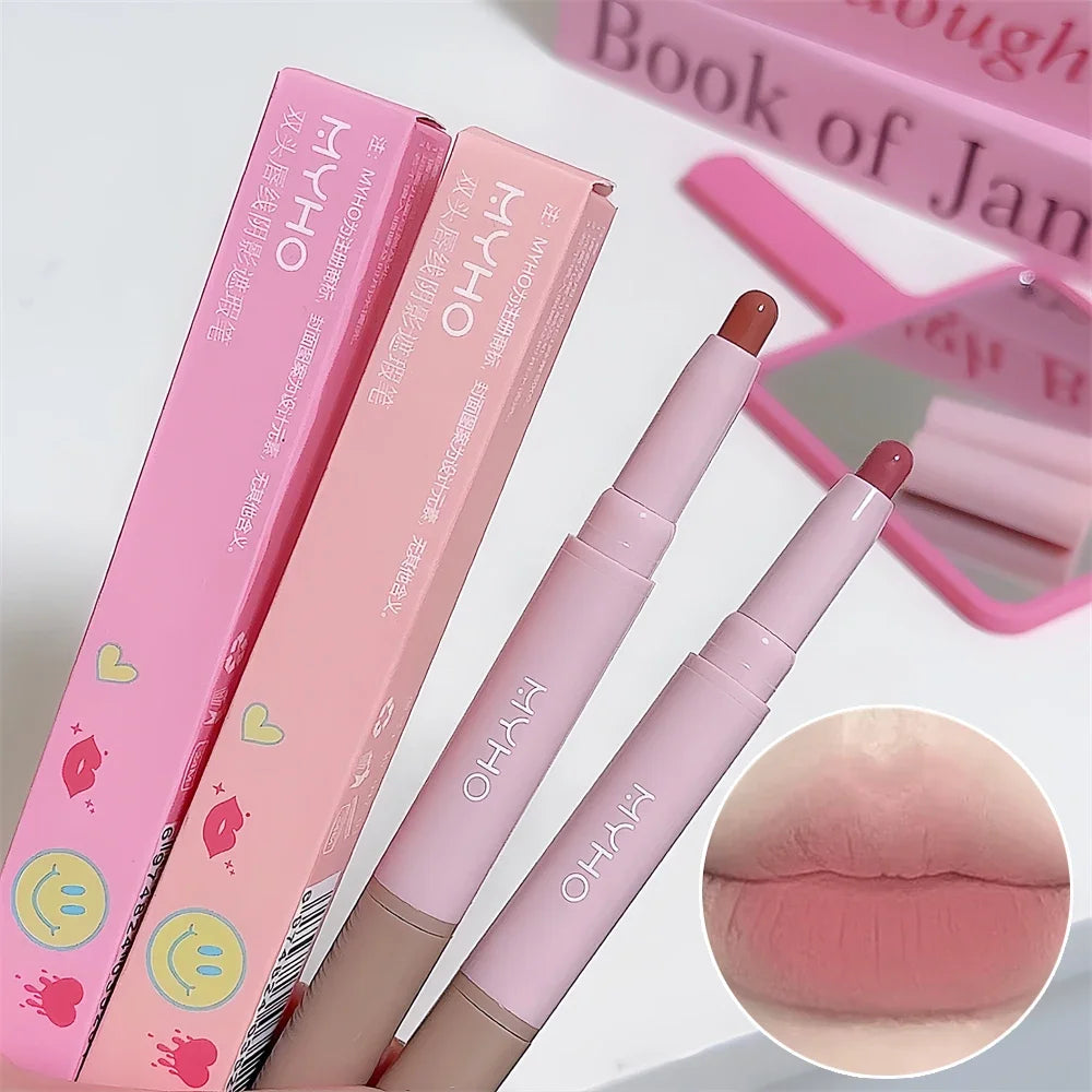 Crayon à Lèvres Double-Embout Mat – Waterproof, Velours, Nude et Rose, Rouge Sexy et Marron, Pigments Intenses, Longue Tenue