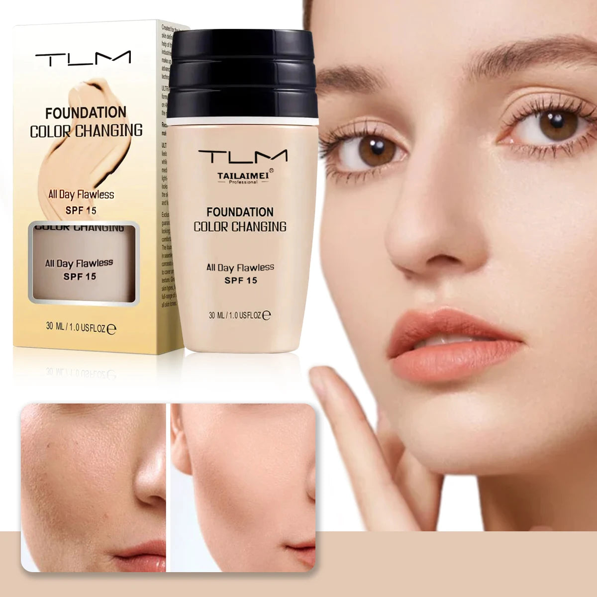 Fond de Teint Liquide Hydratant – Longue Tenue, Éclaircissant, Base de Maquillage Naturelle, 30 ml