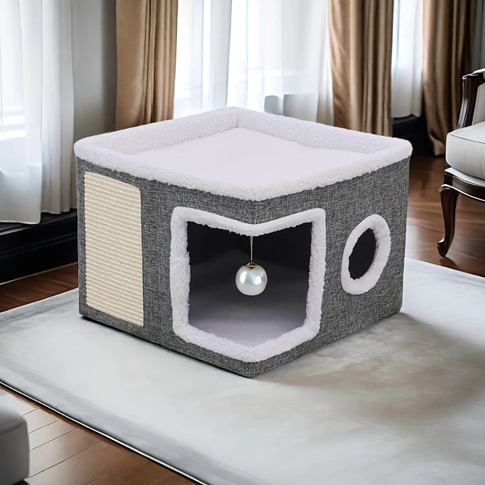 4-Season Multi-Level Cat House – Foldable Cat Cave Bed with Scratching Board
