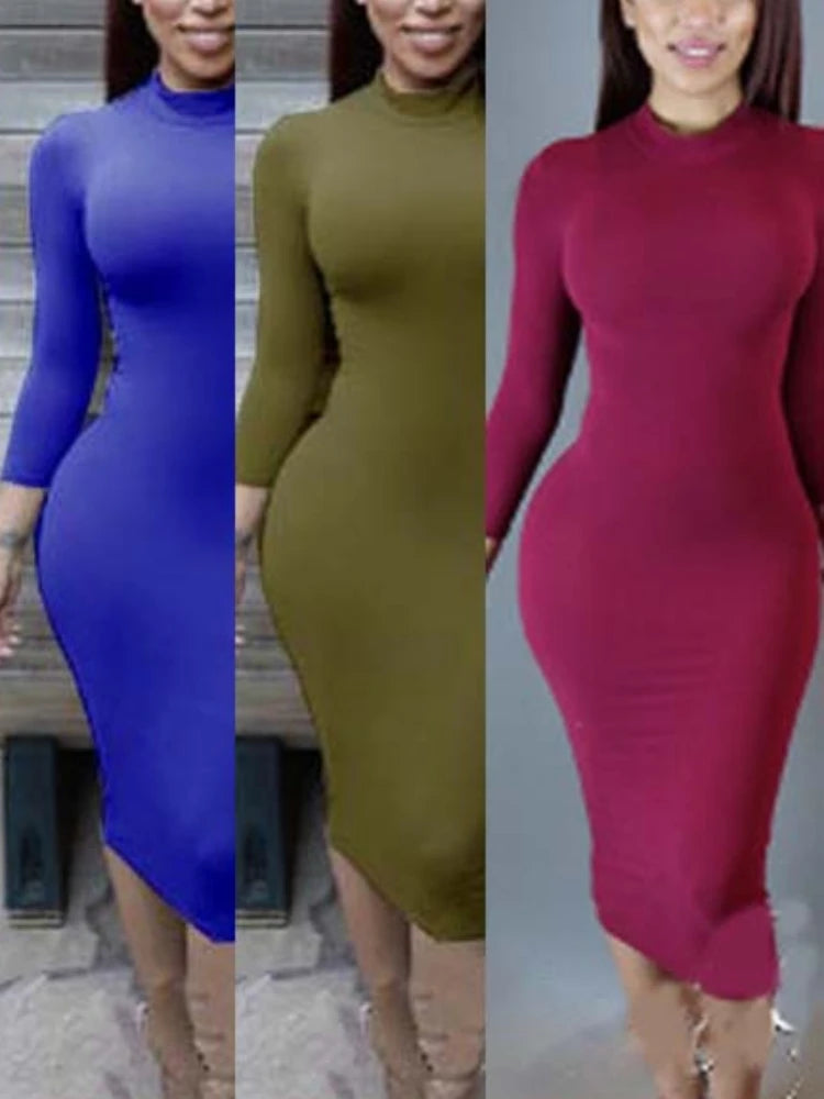 Robe Sexy Unie Élastique Slim Bodycon Femme à Manches Longues Cintrée à la Taille