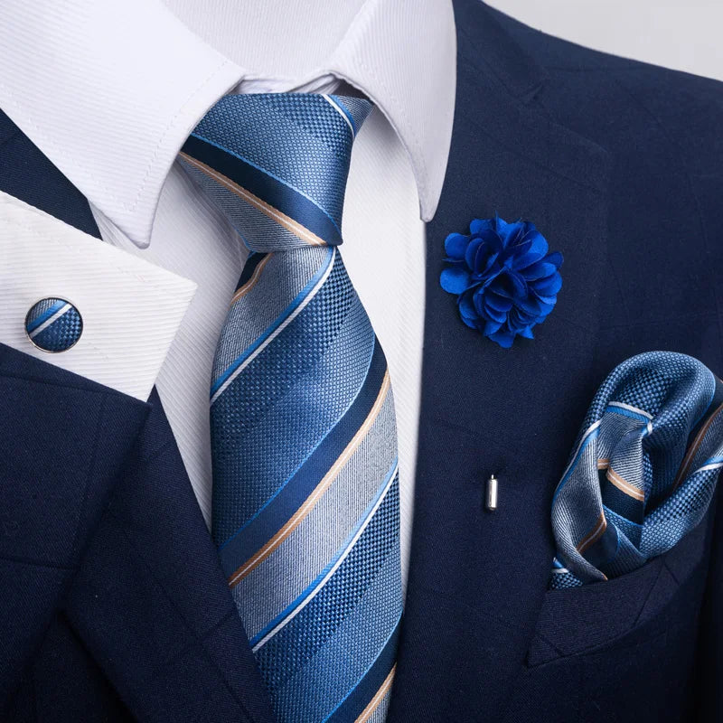 « Set Cravate Homme 8 cm – Bleu Floral avec Pochette & Boutons »