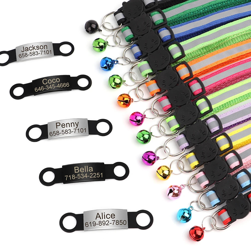 Personalized Reflective Cat Collar with Engraved ID Tag & Bell