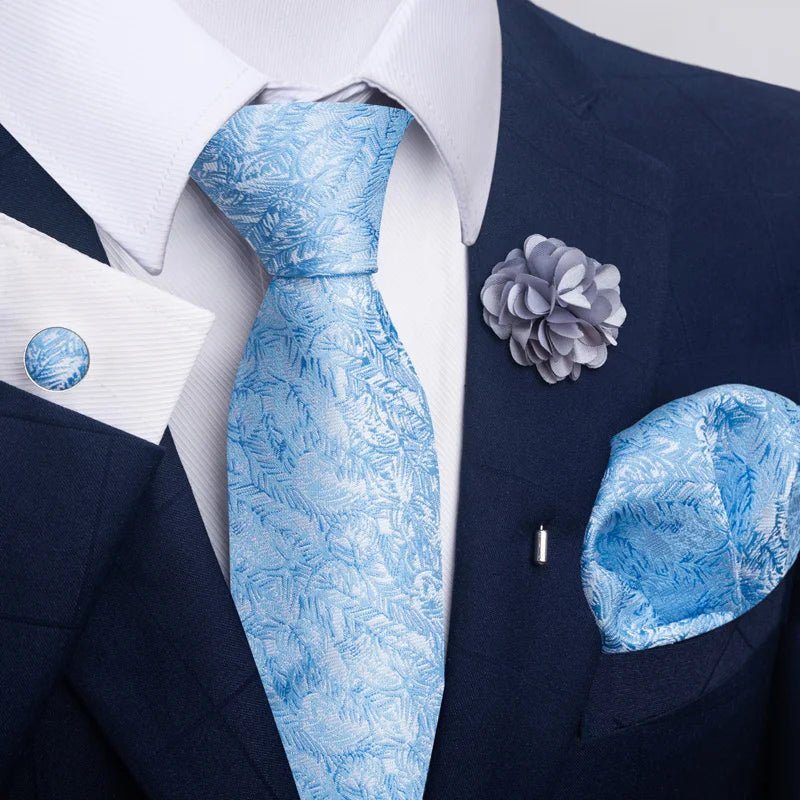 « Set Cravate Homme 8 cm – Bleu Floral avec Pochette & Boutons »