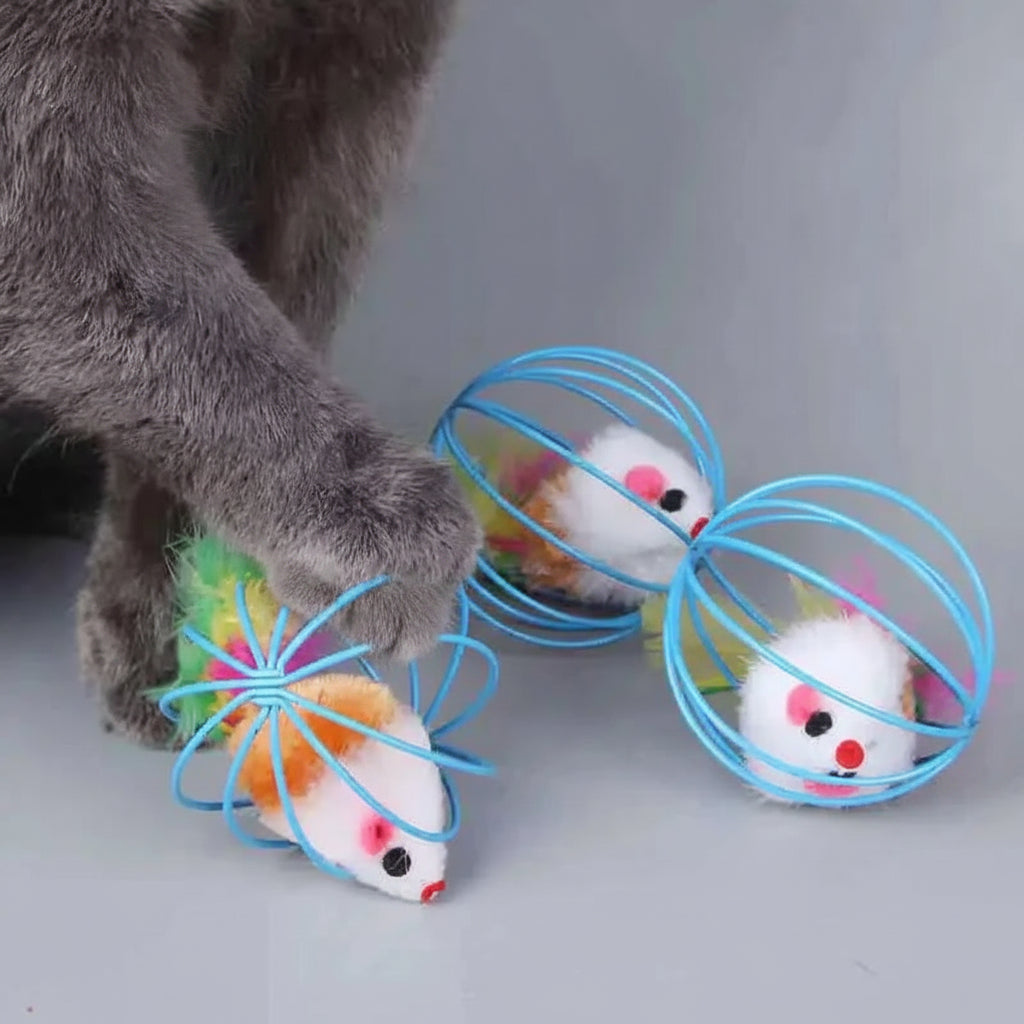 Interactive Colorful Mouse Cat Toy in Cage – Fun Chase & Play Toy for Cats