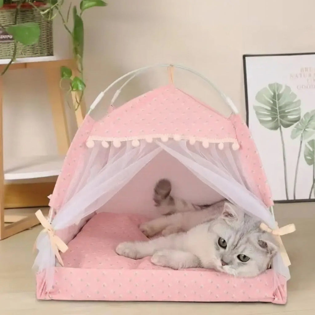 Foldable Princess Pet Bed – Floral Cat & Dog Tent House with Removable Cushion