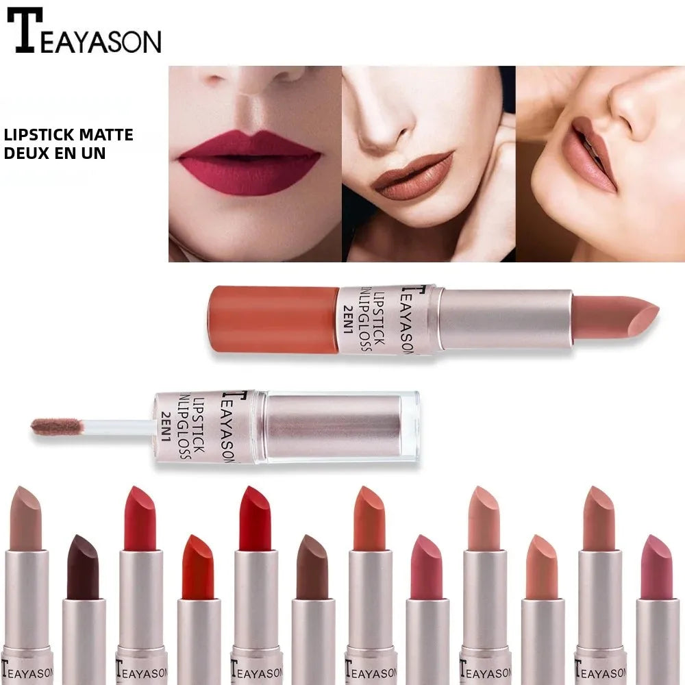 Rouge à lèvres rose mat 1 pièce — Waterproof et longue tenue | Hydratant | Set 2-en-1 avec teinte et gloss | Maquillage sexy pour lèvres féminines