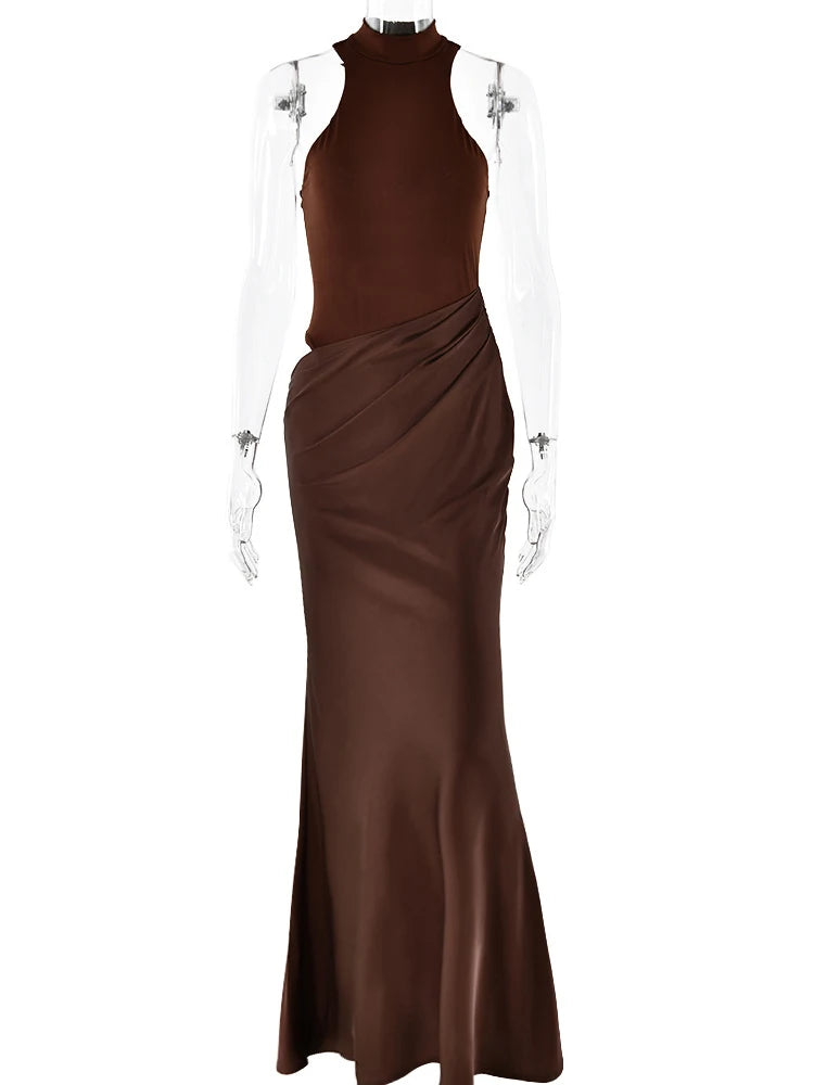 Robe Longue Femme Satin Sexy – Col Ajouré, Sans Manches, Taille Haute, Noir, Automne 2025