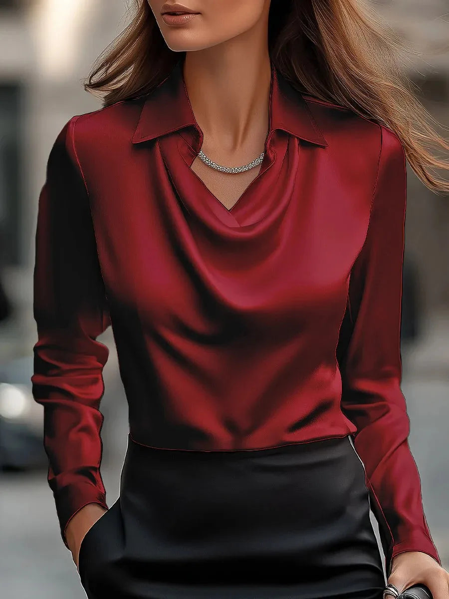 Chemise Élégante en Satin pour Femme  – Blouse à Imprimé Col V, Manches Longues, Coupe Ample, Chic et Décontractée pour le Bureau