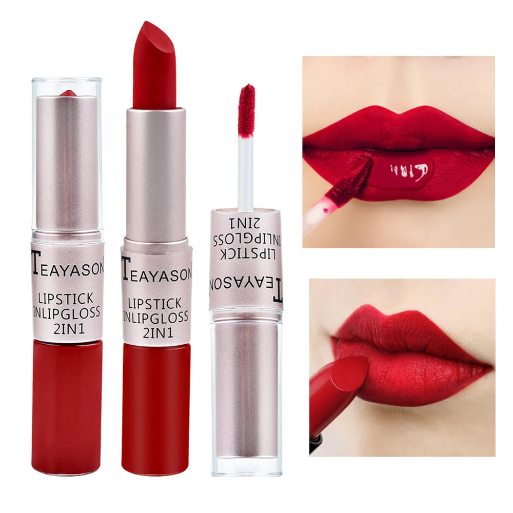 Rouge à lèvres 1 pièce – Finition velours mate et longue tenue | Double embout avec gloss | Non collant, waterproof | Set 2-en-1 rouge mat et brillant pour maquillage lèvres