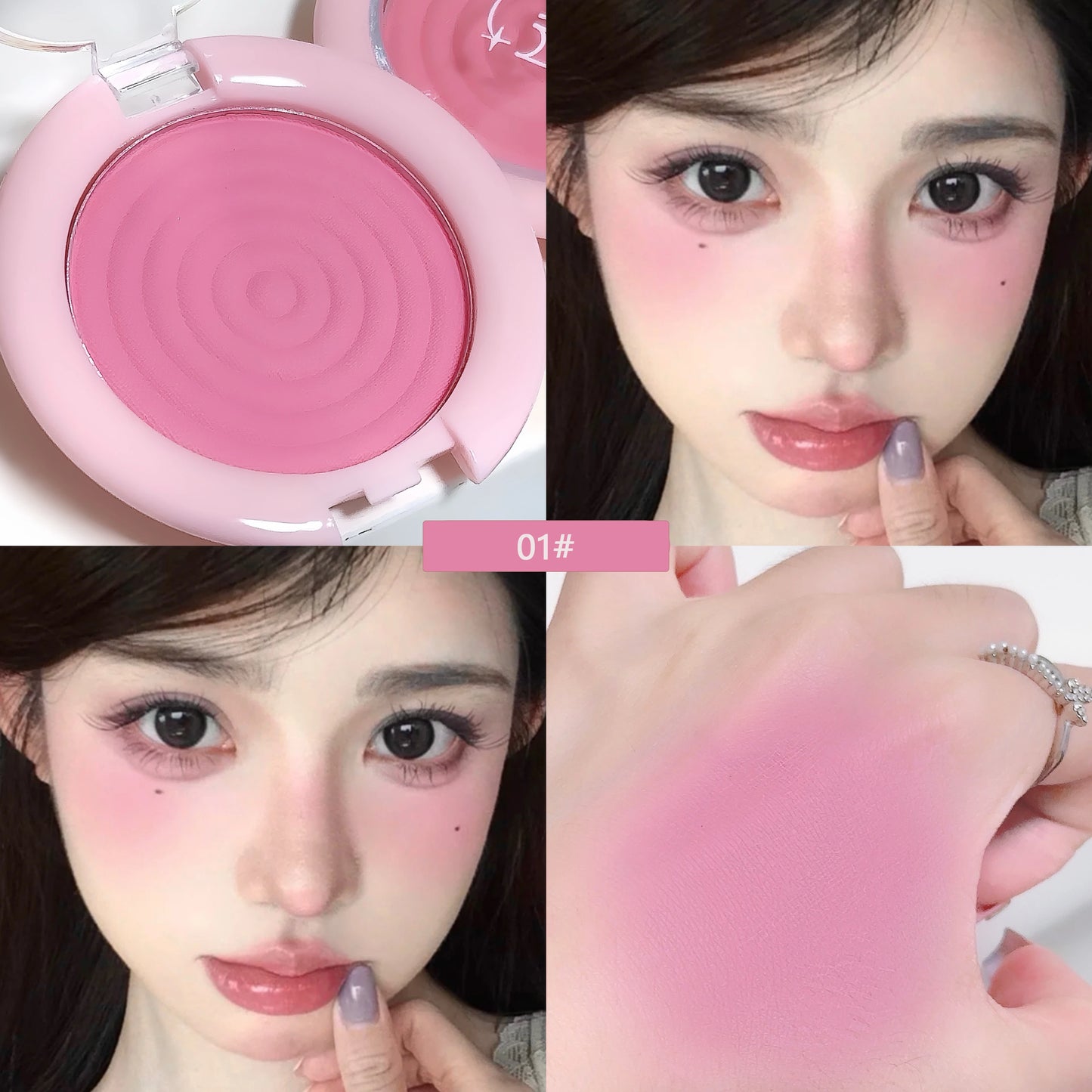 Palette de blush matte en forme de cercles – Texture douce et soyeuse, teinte rose-gris pour joues – Illumine le visage, poudre naturelle avec effet highlight