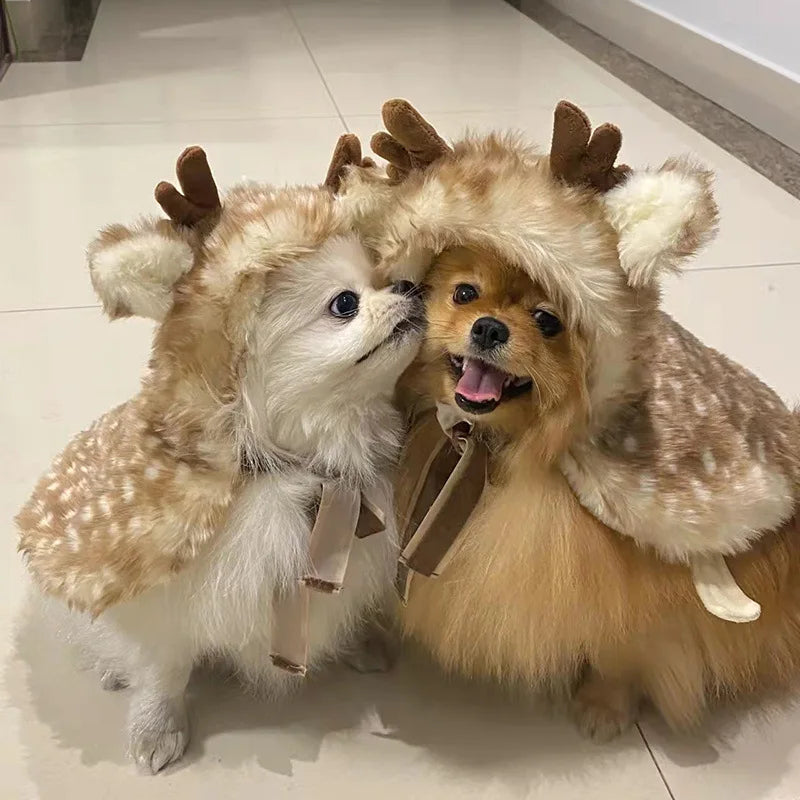 Christmas Reindeer Pet Cape with Hat – Warm Holiday Outfit for Dogs & Cats
