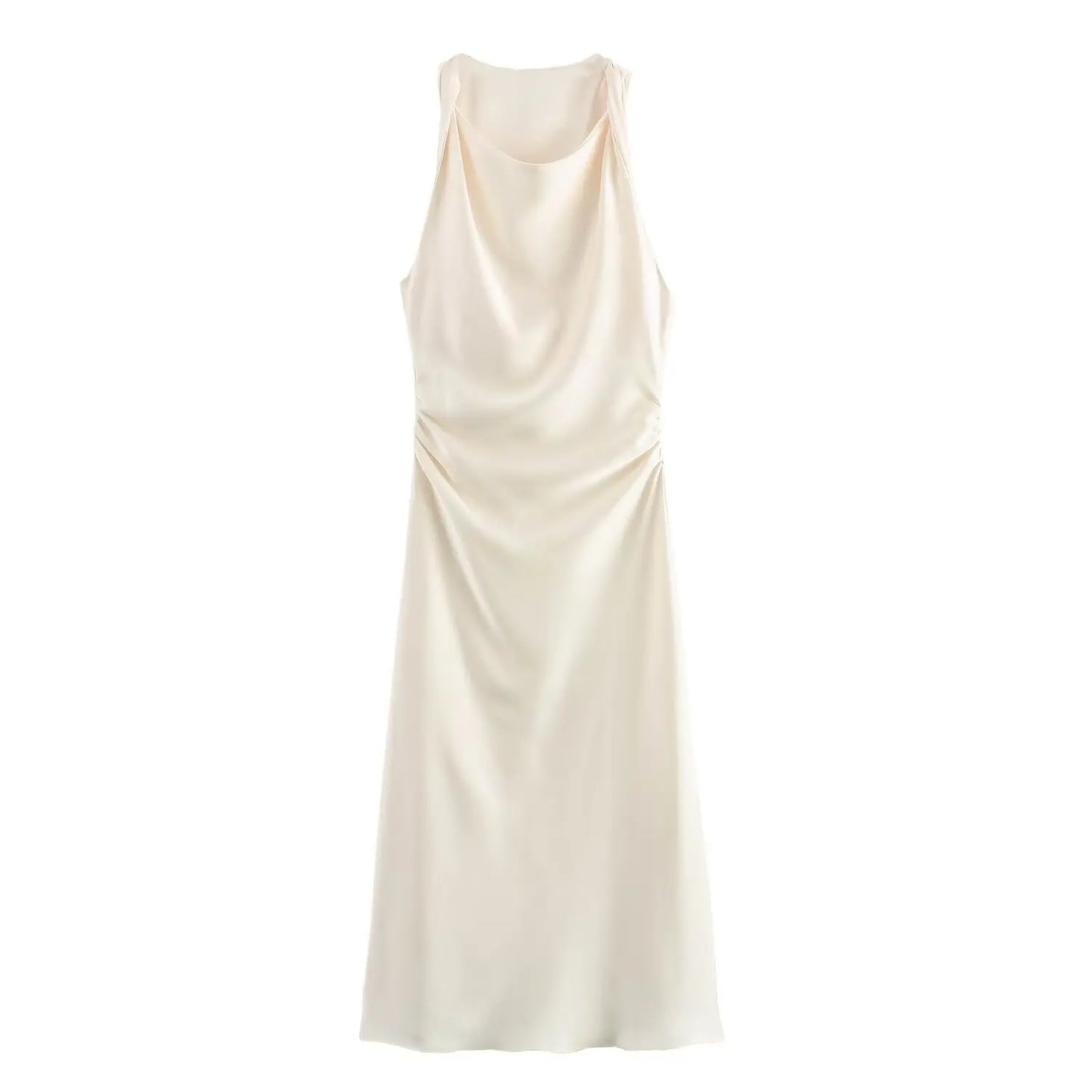 Robe Longue Femme Satin Froncée – Sans Manches, Été, Décolleté Épaule Dénudée
