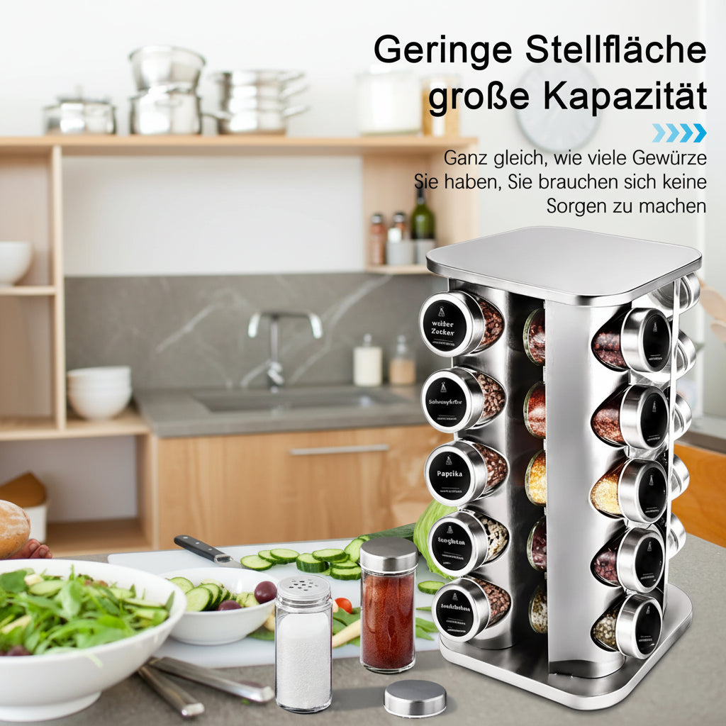 360° Rotating Stainless Steel Spice Rack with 20 Glass Jars – Kitchen Organizer Set