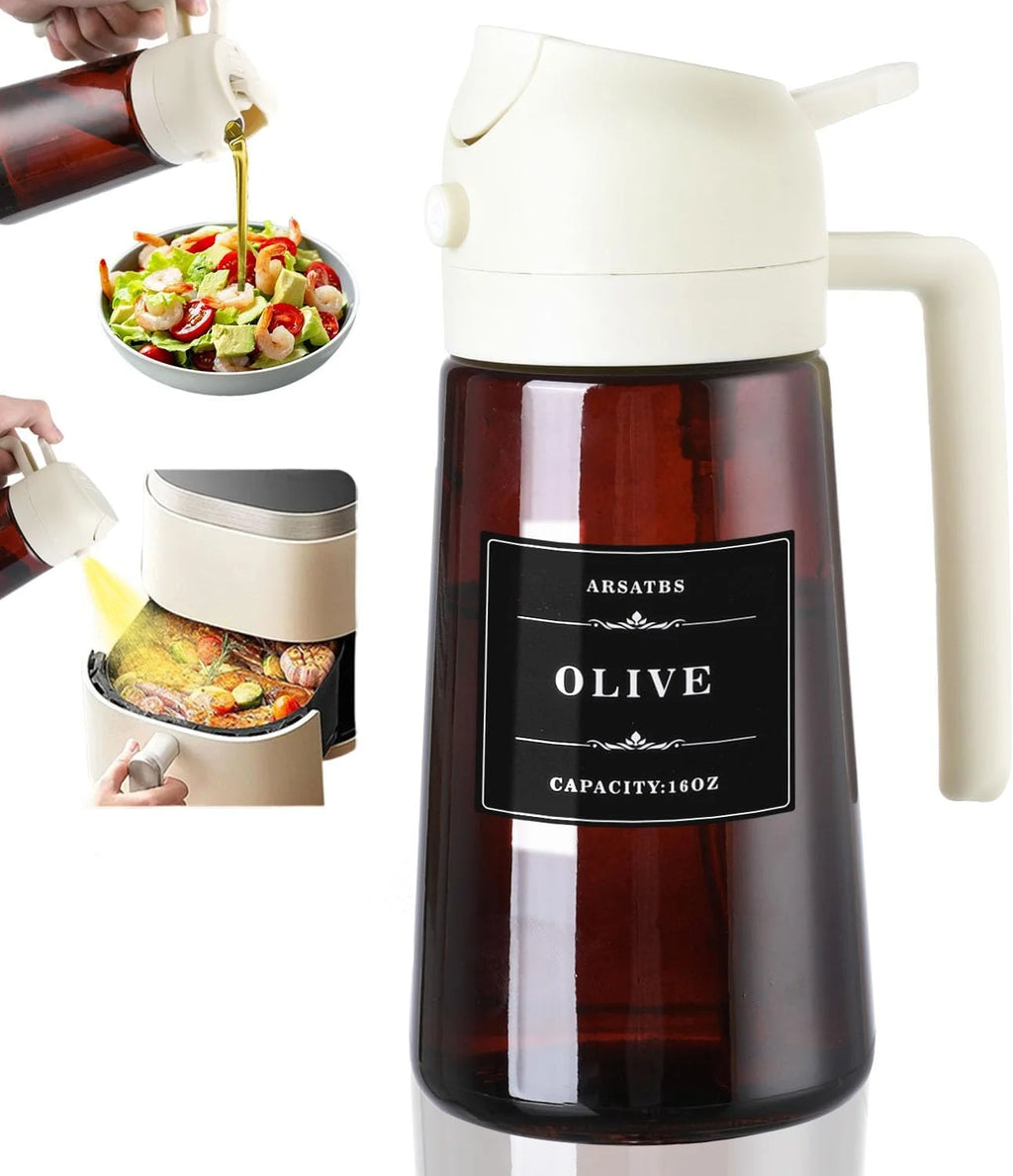 2-in-1 Glass Oil Dispenser & Sprayer – 470ml (16oz) Leakproof Olive Oil Bottle for Cooking, Air Fryer & BBQ