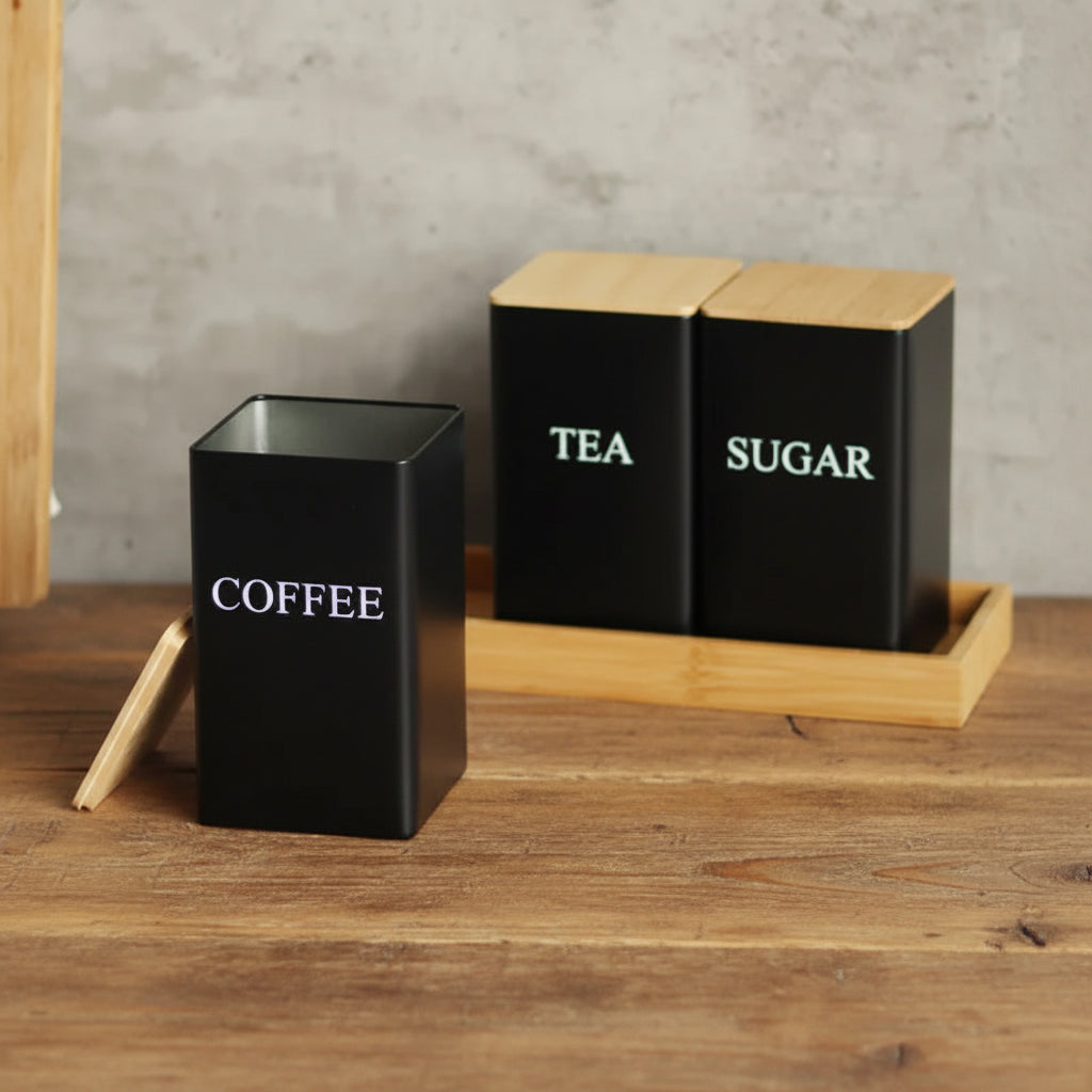 Metal Coffee Bean Storage Jar with Bamboo Lid – Tea, Coffee & Sugar Container