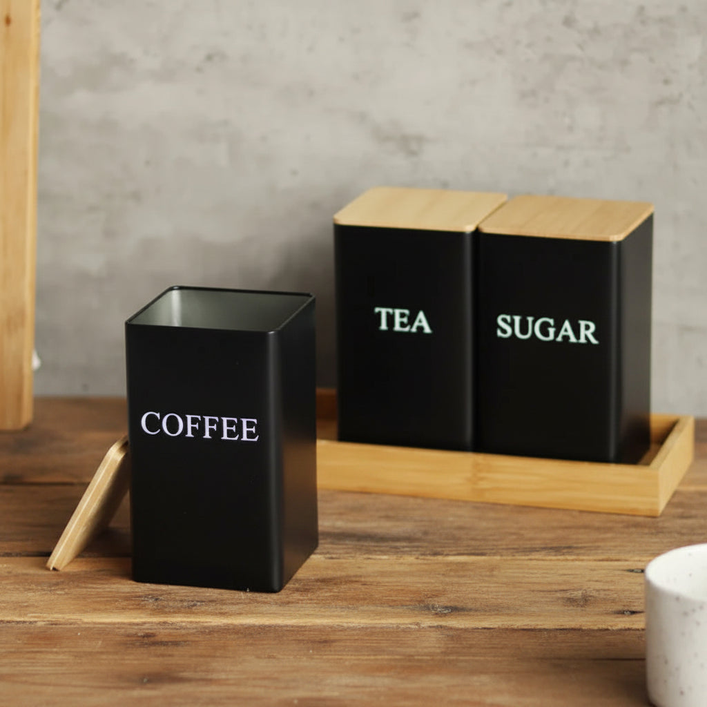 Coffee Bean Storage Jar with Bamboo Lid – Metal Tea & Sugar Container