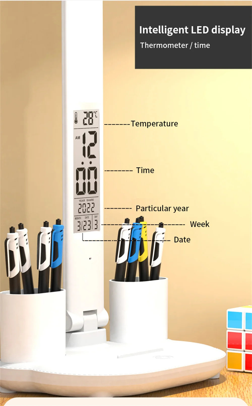 LED Desk Lamp with Clock & Temperature Display – USB Rechargeable Touch Control Reading Light