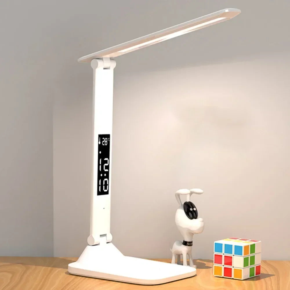 LED Desk Lamp with Clock & Temperature Display – USB Rechargeable Touch Control Reading Light
