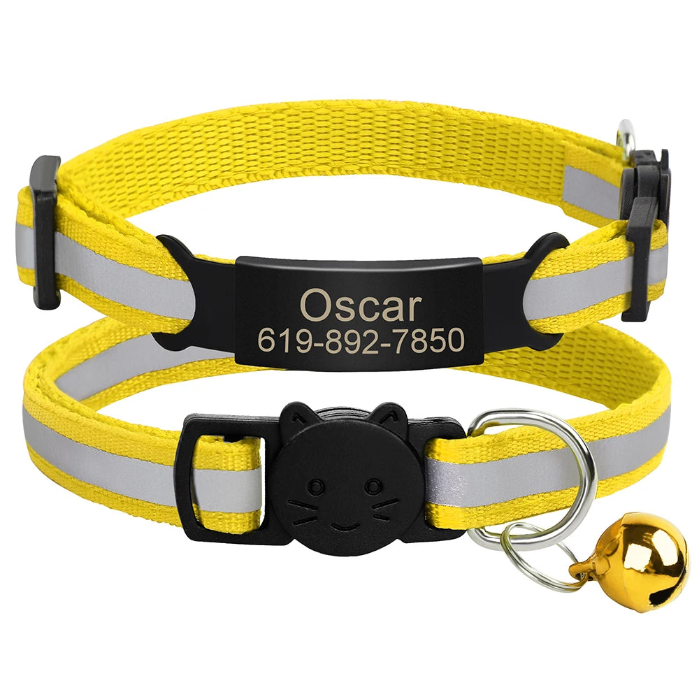 Personalized Reflective Cat Collar with Engraved ID Tag & Bell