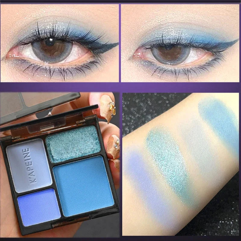 Palette fards à paupières 4 couleurs, smoky punk, mats et pailletés, tons froids noir et bleu, pigments longue tenue