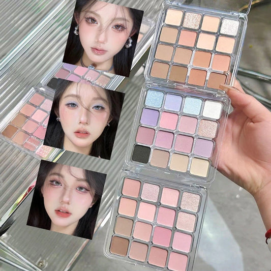 Palette fards à paupières 16 couleurs, rose et pêche, mats et nacrés pailletés, pigments, waterproof, longue tenue, tons terre coréens