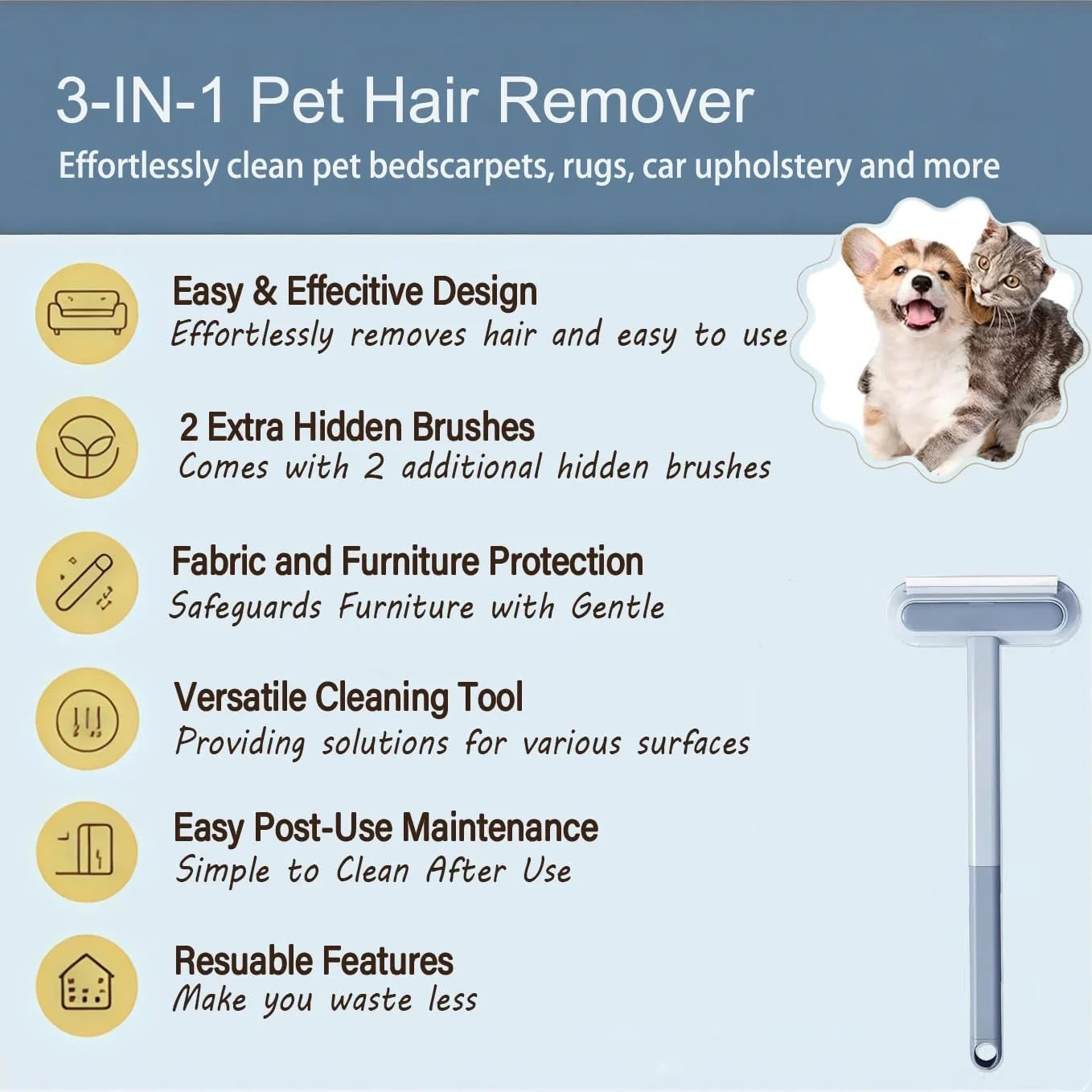 4-in-1 Pet Hair Remover Tool – Reusable Fur & Lint Cleaner for Furniture and Clothing
